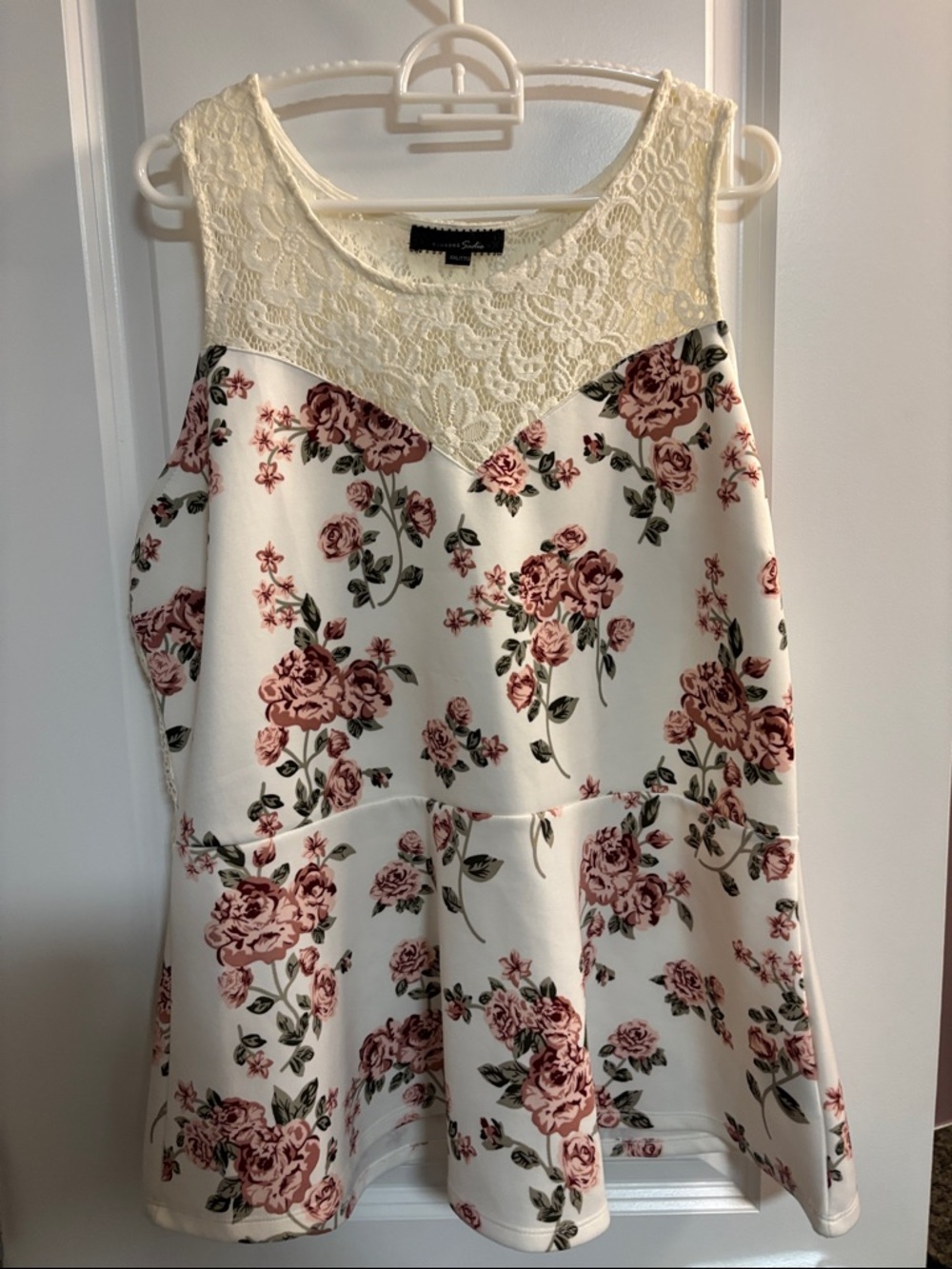 Floral Lace Yoke Cream & Rose Tank Top